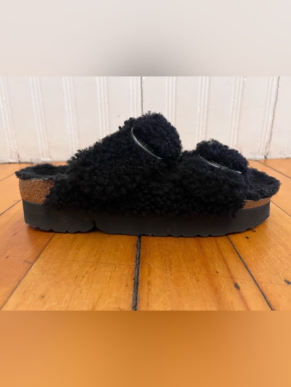 Papillon Arizona Big Buckle Teddy Shearling Platform Sandal, Size EU38/US7